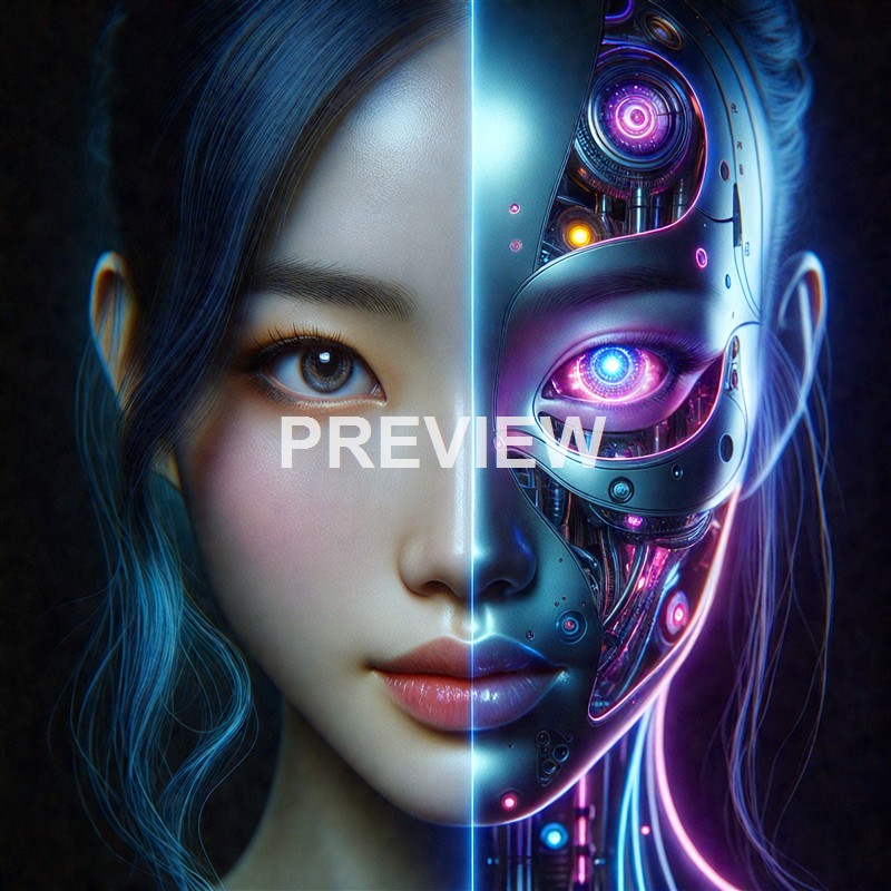 The image depicts a split face of a woman, with one half showing a realistic human face and the other half revealing a detailed, illuminated robotic or cyborg face with technological components.